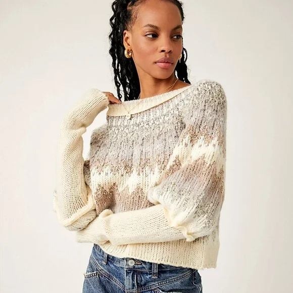 Free People Home For The Holidays Fair Isle Sweater Cream Gray XS - Picture 2 of 15